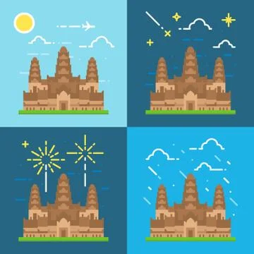 Flat design 4 styles of Angkor Wat Cambodia Stock Illustration
