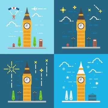 Flat design 4 styles of Big ben clock tower London United Kingdom Stock Illustration