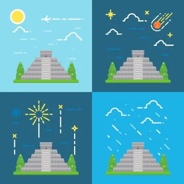 Flat design 4 styles of Chichen Itza Yuacatan Mexico Stock Illustration