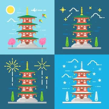 Flat design 4 styles of Chureito pagoda Japan Stock Illustration