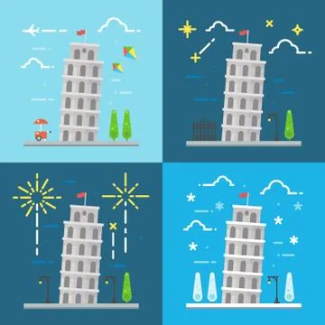 Flat design of 4 styles leaning tower of Pisa Italy Stock Illustration