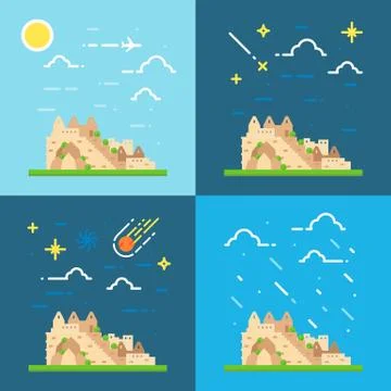 Flat design 4 styles of Machu Picchu Peru Stock Illustration