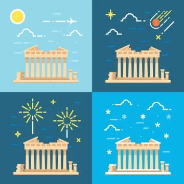 Flat design 4 styles of Parthenon Athens Greece Stock Illustration