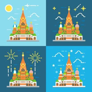 Flat design 4 styles of saint Basil's Cathedral Stock Illustration