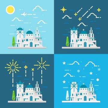 Flat design 4 styles of Santorini village Greece Stock Illustration