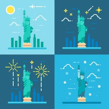 Flat design 4 styles of statue of liberty Stock Illustration
