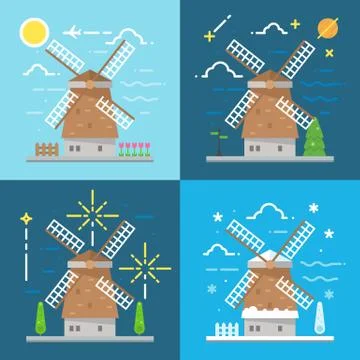 Flat design 4 styles of windmill Amsterdam Netherland Stock Illustration