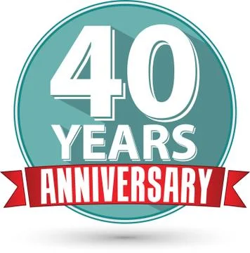 Flat design 40 years anniversary label with red ribbon, vector illustration Stock Illustration