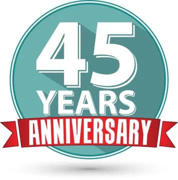Flat design 45 years anniversary label with red ribbon, vector illustration Illustrazione stock