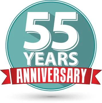 Flat design 55 years anniversary label with red ribbon, vector illustration Illustrazione stock