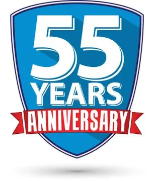 Flat design 55 years anniversary label with red ribbon, vector illustration Stock Illustration