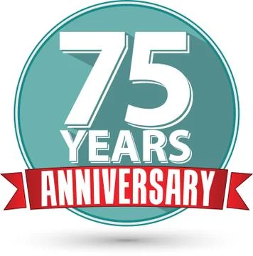 Flat design 75 years anniversary label with red ribbon, vector illustration Stock Illustration