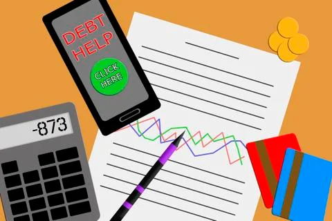 Flat design above view of a desktop showing a financial report Stock Illustration