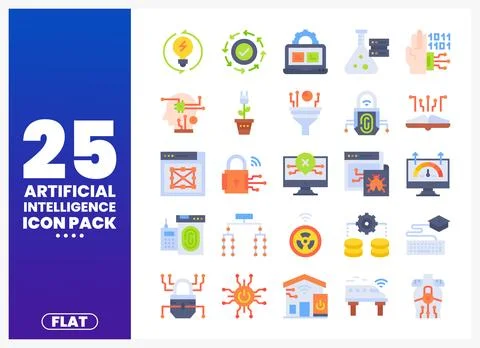 Flat design AI icon pack with technology and science symbols. Stock Illustration