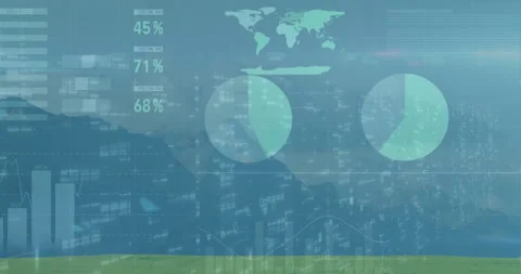 Flat design analytics interface displaying world map, pie charts with line graph Stock Footage 307463487