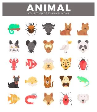 Flat design animal icon collection on white background. Stock Illustration