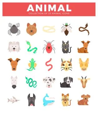 Flat design animal icon collection with dogs. cats. spiders. snakes. and a .. Stock Illustration