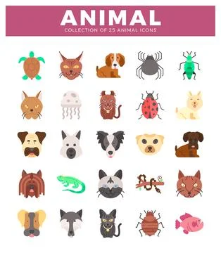 Flat design animal icon set with cartoon pets and insects Stock Illustration