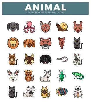 Flat design animal icons in a grid on white background. Illustrazione stock