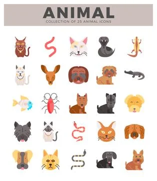 Flat design animal icons presented in a grid layout on a white background. Illustrazione stock