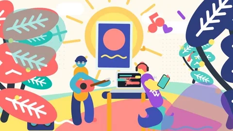 Flat Design Animation Of Creative People Using Laptop And Guitar Stock Footage 341175549