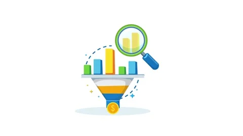 Flat Design Animation Of A Funnel With Bar Chart And Magnifying Glass Vídeos de archivo 346175030