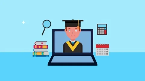 Flat design animation of graduate student on laptop screen with school supp.. Stockbeeldmateriaal 339210739