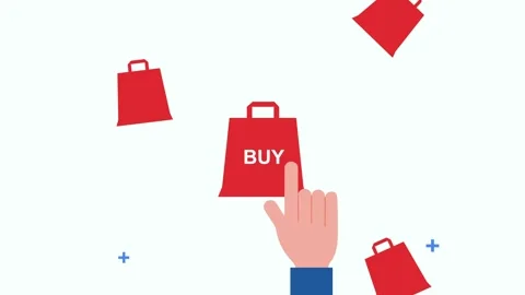 Flat design animation of hand clicking buy button on red shopping bag icon .. Stock Footage 333720822