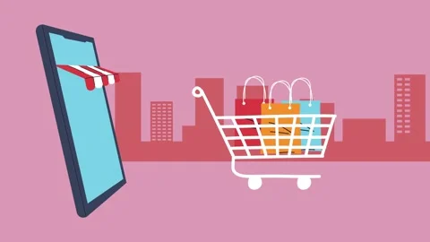 Flat design animation of mobile online shopping with cart and city skyline .. Stock Footage 333608678