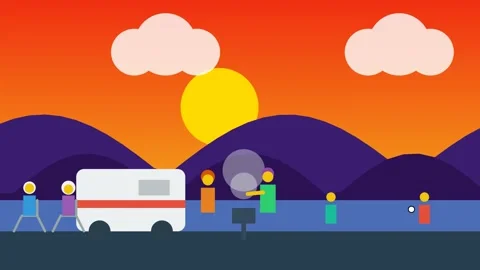 Flat Design Animation Of A Multi Generational Family Camping Vacation Stock Footage 341266168