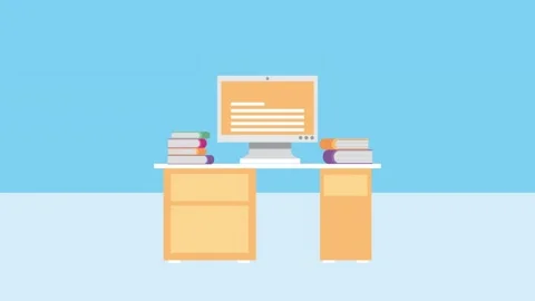 Flat design animation of an office desk with computer and books appearing o.. Stock Footage 339269749