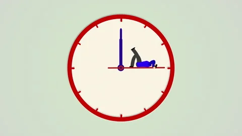 Flat design animation showing relaxed man lying on the clock arrow and time Stock Footage 142993048