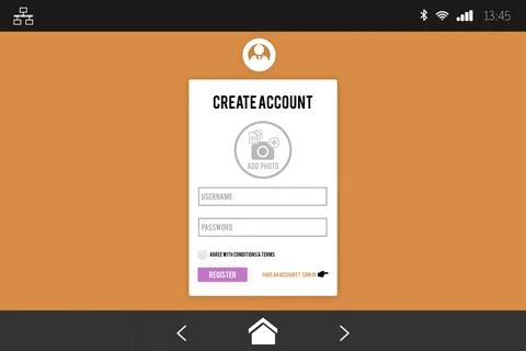 Flat design app showing create account form, avatar icon and register button on 스톡 일러스트
