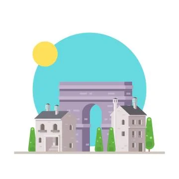 Flat design of Arc de Triomphe France with village Stock Illustration