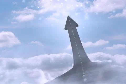 Flat design arrow-shaped road is emerging from clouds into blue sky, showcasing Illustrazione stock