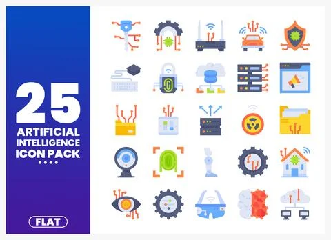Flat design artificial intelligence icons featuring robotics. data. and tec.. Stock Illustration
