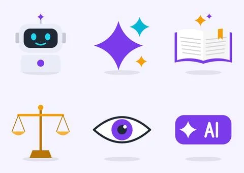 Flat design artificial intelligence icons with friendly robot, purple sparkle Illustrazione stock