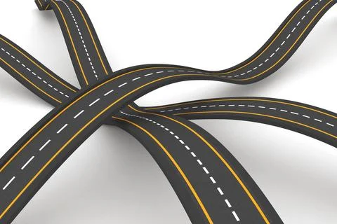 Flat design asphalt road network is weaving on white plane with dashed lines and Stock Illustration