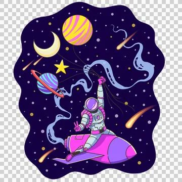 Flat design astronaut is riding rocket in space holding planet moon star Stock Illustration
