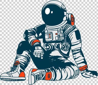 Flat design astronaut is sitting on clear background showing dark visor helmet Stock Illustration