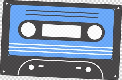Flat design audio cassette tape is floating with black shell, blue label on Stock Illustration