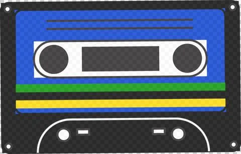 Flat design audio cassette tape showing black reel hubs and colored stripes, Stock Illustration