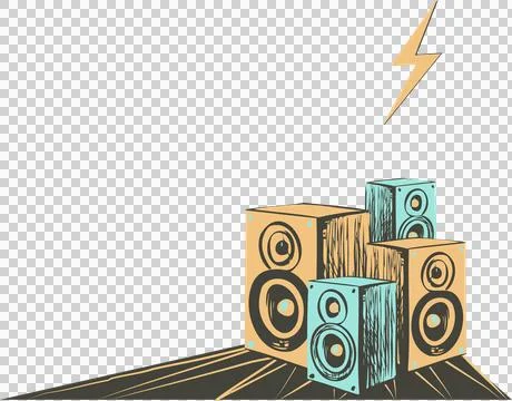 Flat design audio speakers are being arranged on planks showing bolt icon, Illustrazione stock