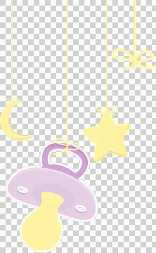 Flat design baby pacifier is hanging from ribbon alongside star and moon, Stock Illustration
