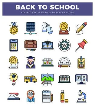 Flat design back to school icon collection on white background with colorfu.. Stock Illustration