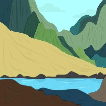 Flat design background landscape mountains with river Stock Illustration