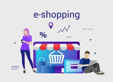 Flat design banner of E-Shopping for website and mobile website. Easy to use and Stock Illustration