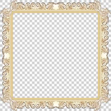 Flat design baroque frame is floating on transparent background, featuring gold Illustrazione stock