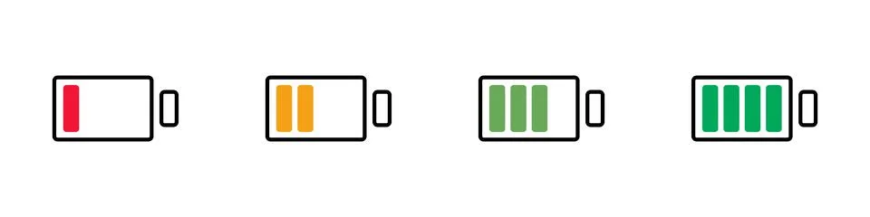 Flat design battery icon set by remaining charge level. Vector. Stock Illustration