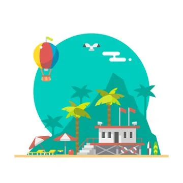 Flat design of beach guard tower on a beach Stock Illustration